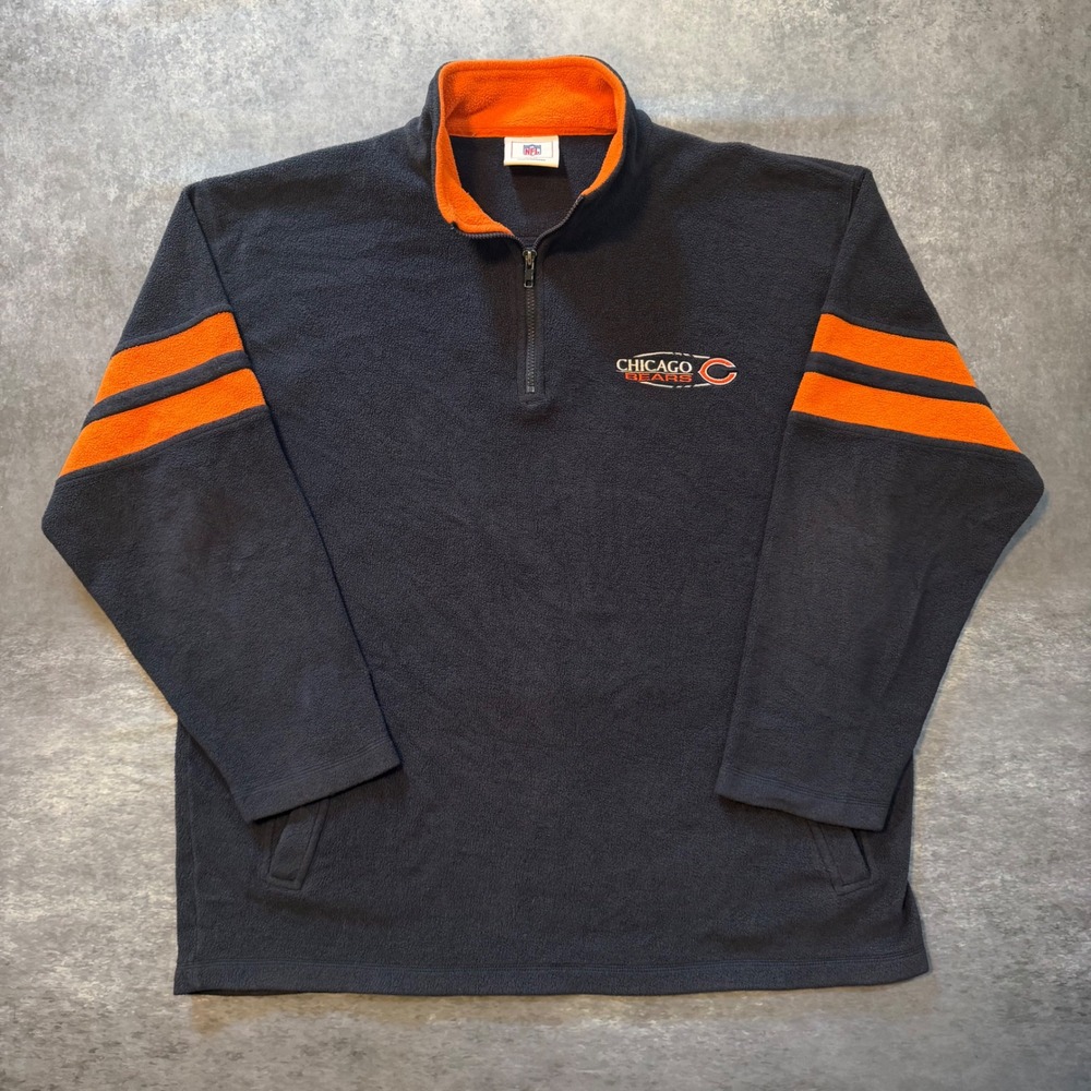 Vintage NFL Chicago Bears Fleece Quarter Zip Pullover Mens XL Navy Blue Orange